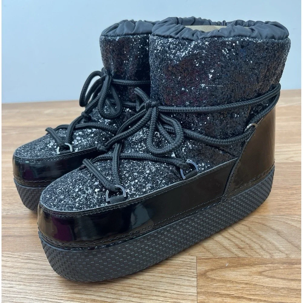 Olivia Miller Eclipse Moon Boots Black Glitter Puffy Winter Boots Size L (11-12)